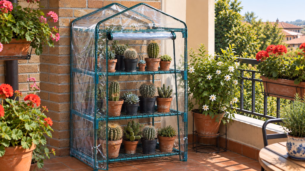 Piccola serra da balcone con cactus e piante grasse